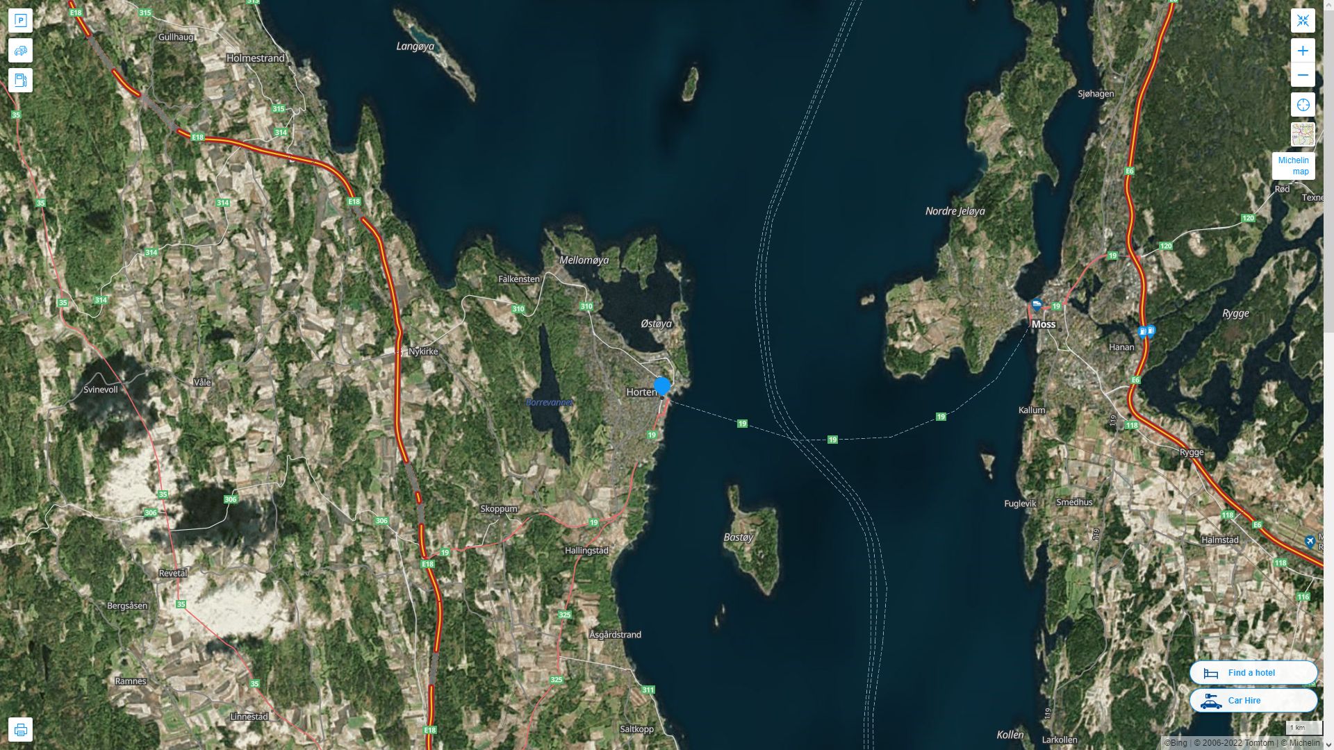 Horten Norvege Autoroute et carte routiere avec vue satellite